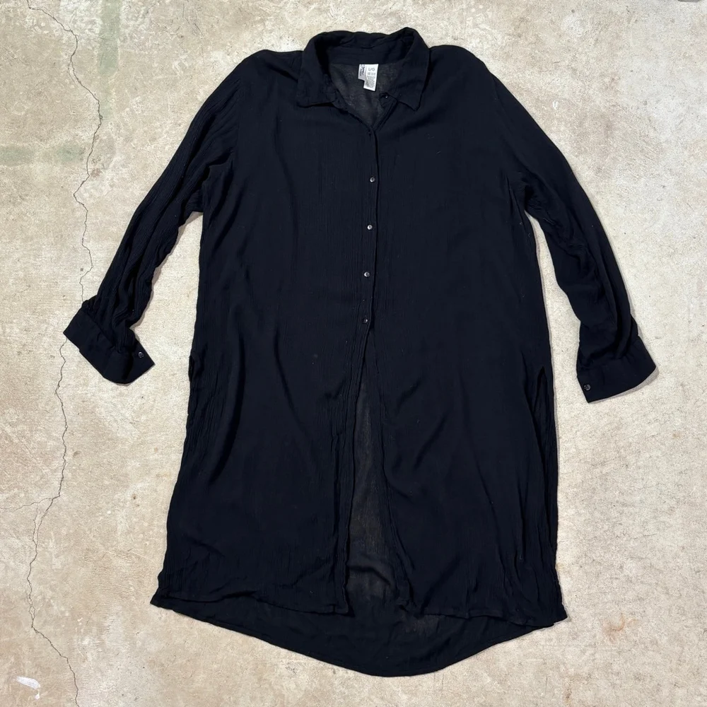 Japna Beachwear Cover Up Women’s Large Black Long Sleeve Roll Tab Button Down